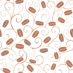 Seamless watercolor sketch pattern with coffee beans on white background