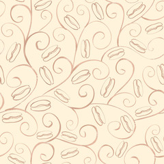Seamless watercolor sketch pattern with coffee beans on beige background