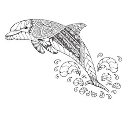 Bottlenose dolphin jumping high with splash. Zentangle and stippled stylized vector illustration. Black and white illustration on white background. Adult anti-stress coloring book. Pattern.