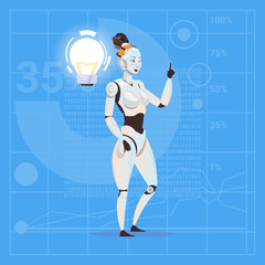 Modern Robot Female With Light Bulb Futuristic Artificial Intelligence Technology Innovation Concept Flat Vector Illustration