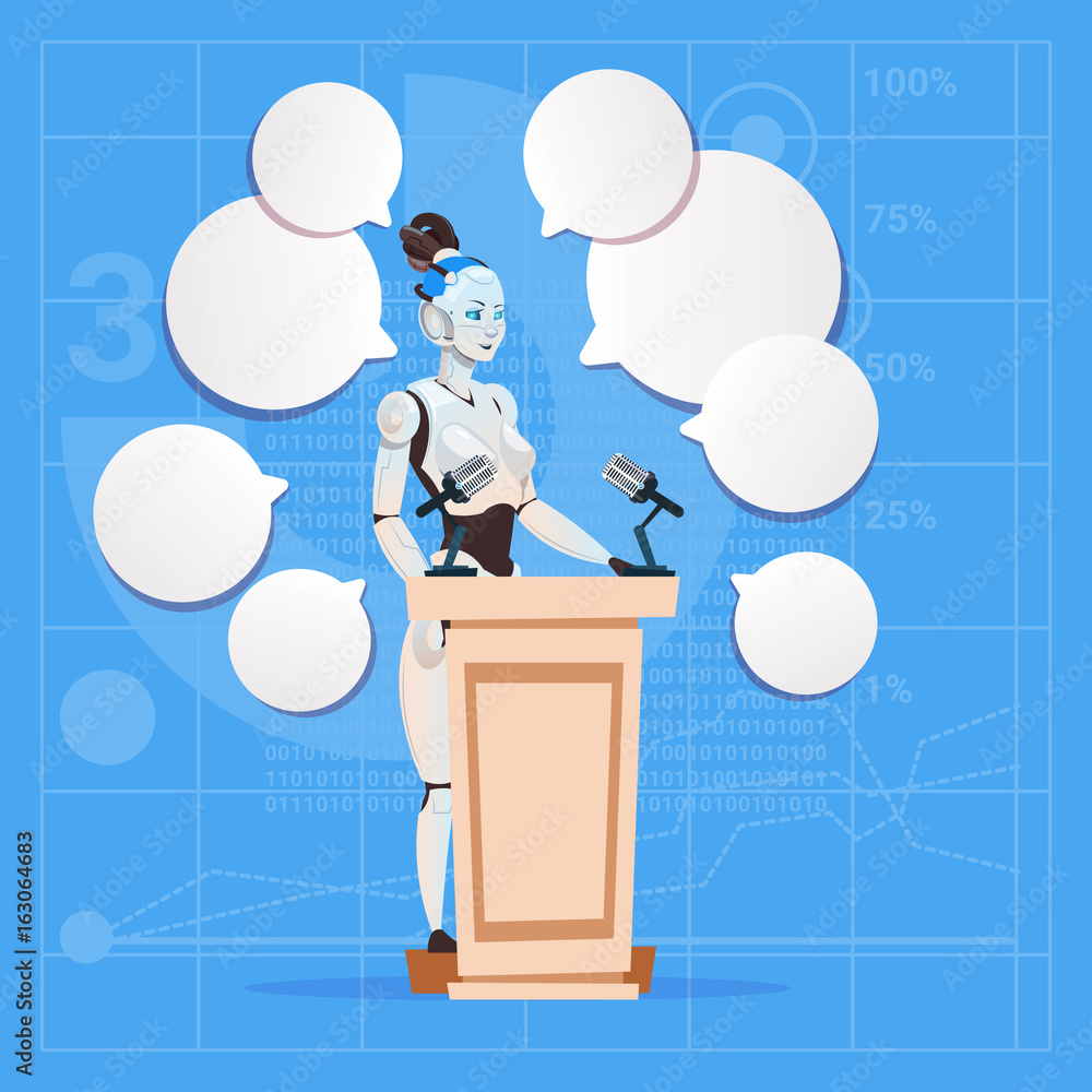 Poster modern robot female speaker giving interview stand at podium futuristic artificial intelligence tech