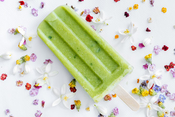 Mojito popsicle on flowers background. Refreshing and Healthy summer dessert.