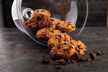 Chocolate cookies on white background. Chocolate chip cookies shot