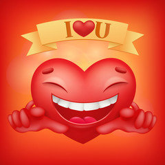 Red heart cartoon emoji character. Valentine card template