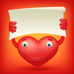 Smiling red heart cartoon character holding banner