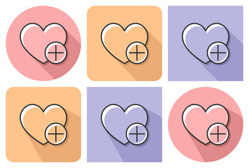 Outlined icon of heart with plus sign (add to favorites)  with parallel and not parallel  long shadows