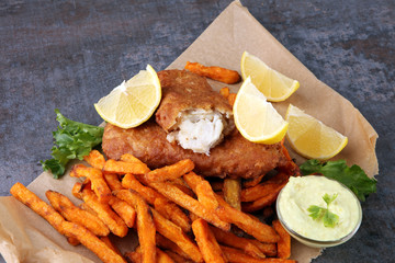 traditional British fish and chips on brown paper