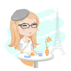 Pretty girl having breakfast in a street cafe in Paris hand draw vector illustration.
