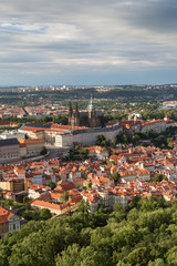 Fototapeta na wymiar View of the Prague Castle and old buildings at the Mala Strana District (Lesser Town) in Prague, Czech Republic, from above.