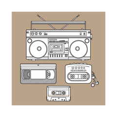 Retro style audio cassette, tape recorder, music player and videotape from 90s, sketch illustration isolated on brown background. Hand drawn set of tape recorder, audio and video tape, music player