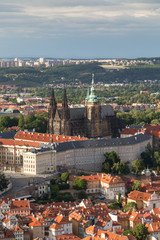 View of the Prague (Hradcany) Castle, St. Vitus Cathedral and old buildings at the Mala Strana District (Lesser Town) in Prague, Czech Republic, from above.
