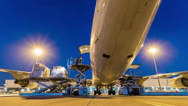 Business of air cargo freighter with import and export at twilight sky