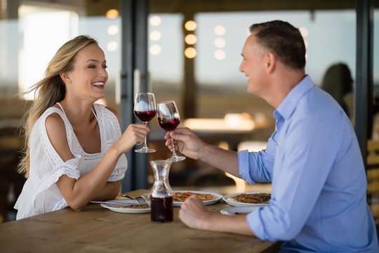 Happy couple toasting wine glass while having meal