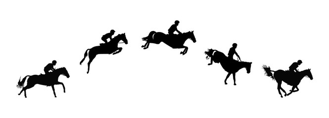 Horse race. Equestrian sport. Silhouette of racing horse with jockey. Jumping. Five steps.