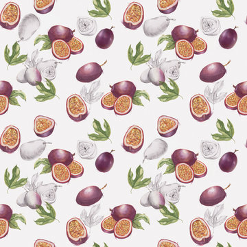 Hand-drawn watercolor seamless pattern with passion fruits on the white background. Repeated fruit background.