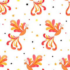 Obraz premium Seamless Firebird pattern. Vector background with watercolor flying flaming Phoenix.