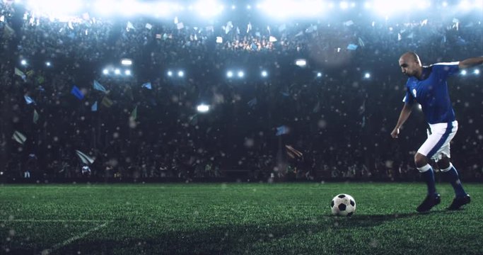4k footage of a soccer player in dramatic play during a soccer game on a professional outdoor soccer stadium. Players wear unbranded uniform. Stadium and crowd are made in 3D.