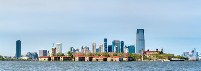 Ellis Island and skyscrapers of Jersey City, USA