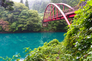 Japanese countryside with view of red arch bridge and vivid blue lake in the forest