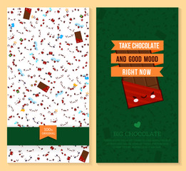 Kawaii two sided brochure, flyer for sweets shop. funny tickets design with emotion pattern and sweet big chocolate. Vector illustration.