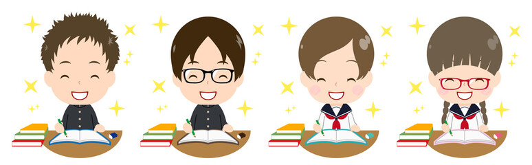 勉強する学生セット　笑顔