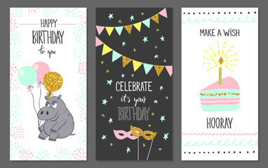 Happy birthday greeting cards and party invitation templates, vector illustration.