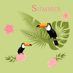 Summertime. Toucan with palms, pineapple and tropical flowers in watermelon colors.