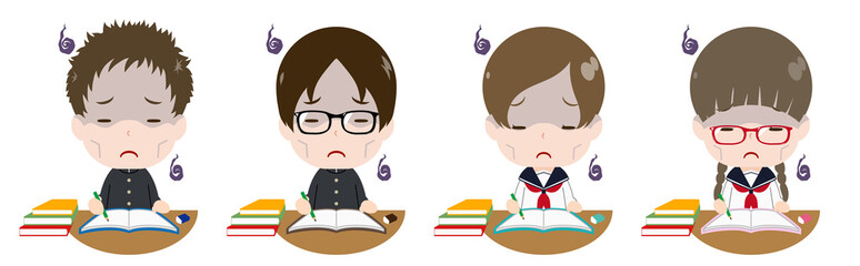 勉強する学生セット　疲れ