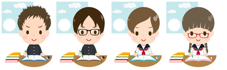 朝に勉強する学生セット　やる気