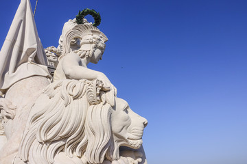 The amazing statues on the top of famous Augusta Street Arch in Lisbon - LISBON - PORTUGAL - JUNE 17, 2017