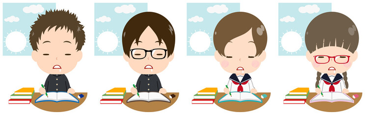 朝に勉強する学生セット　うとうと