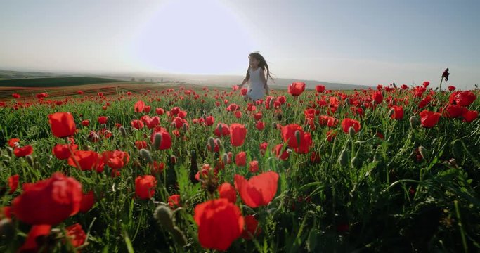 little Asian girl in white dress fun runs in field of red poppies on a Sunny spring day in slow motion