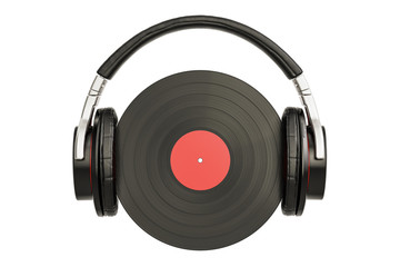Headphones with vinyl record, 3D rendering