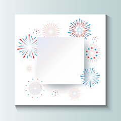 Happy Independence Day festive background fireworks in red and blue color, round white paper frame for text. Vector template