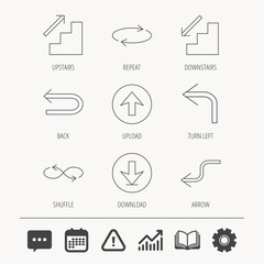 Arrows icons. Download, repeat and shuffle linear signs. Upload, back arrow flat line icons. Education book, Graph chart and Chat signs. Attention, Calendar and Cogwheel web icons. Vector