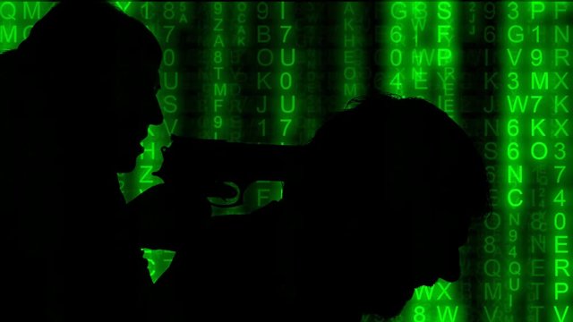 A code rain from the Matrix (falling numbers) reveals two silhouettes: a killer (woman) pointing a handgun to the nape of a victim (man). Crime, murder, violence.

