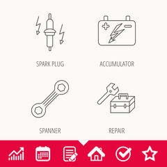 Accumulator, spanner tool and car service icons. Repair toolbox, spark plug linear signs. Edit document, Calendar and Graph chart signs. Star, Check and House web icons. Vector