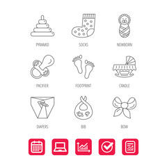 Pacifier, diapers and newborn icons. Footprint, socks and dirty bib linear signs. Pyramid toy, cradle bed flat line icons. Report document, Graph chart and Calendar signs. Laptop and Check web icons