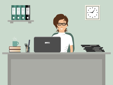 Web banner of an office worker. The young woman sitting at the desk on a gray background. There is a laptop, office objects and cup of coffee on the table. Vector illustration.