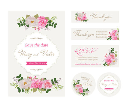 Wedding invitation cards with flower.Template collection.  (Use for Boarding Pass, invitations, thank you card.) Vector illustration. EPS 10