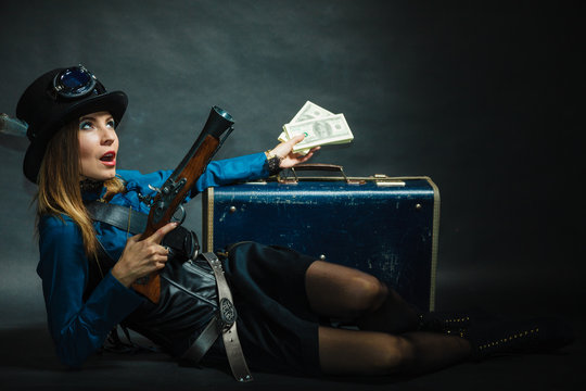 Steampunk girl with cash. - Powered by Adobe