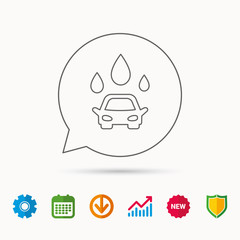 Car wash icon. Cleaning station with water drops sign. Calendar, Graph chart and Cogwheel signs. Download and Shield web icons. Vector