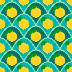 Fototapeta premium Seamless floral pattern with lemon fruit on a blue wave background. .