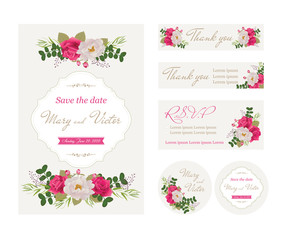 Wedding invitation cards with flower.Beautiful white peony and pink roses. Template collection.  (Use for Boarding Pass, invitations, thank you card.) Vector illustration. EPS 10