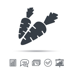 Carrot icon. Fresh natural vegetable symbol. Vegetarian food. Chat speech bubble, chart and presentation signs. Contacts and tick web icons. Vector