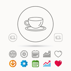 Coffee cup icon. Tea or hot drink sign. Calendar, Graph chart and Cogwheel signs. Download and Heart love linear web icons. Vector