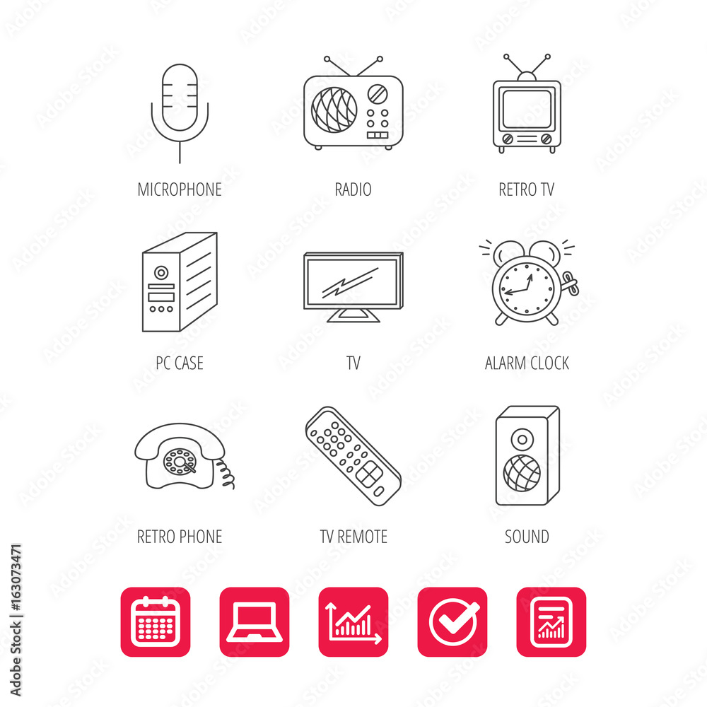 Poster tv remote, retro phone and radio icons. pc case, microphone and alarm clock linear signs. report doc