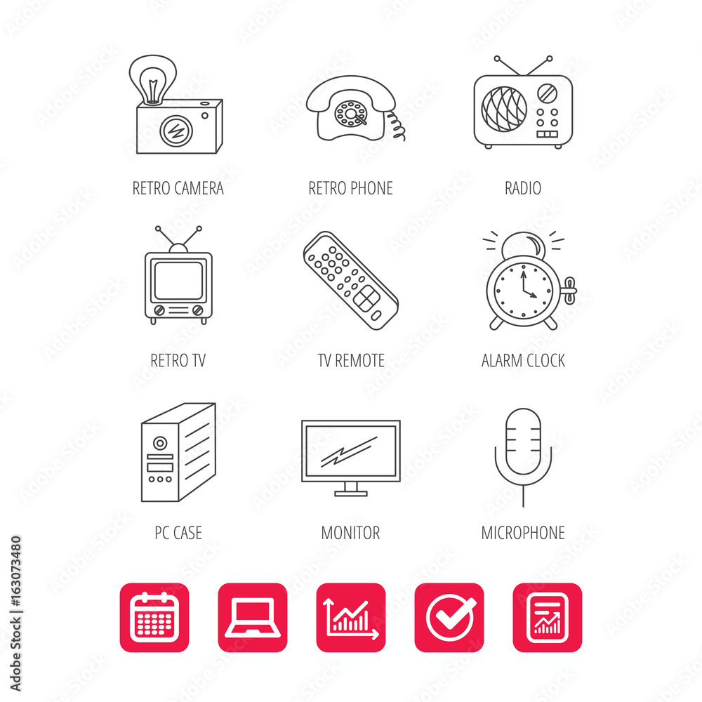Poster retro camera, radio and phone call icons. monitor, pc case and microphone linear signs. tv remote, a
