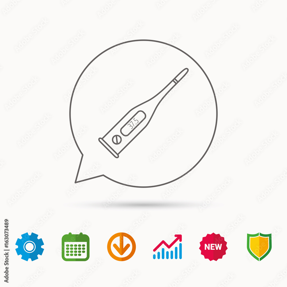 Poster electronic thermometer icon. measurement tool sign. temperature control symbol. calendar, graph char