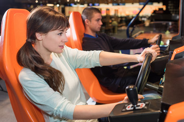 woman play the video game at recreational salon